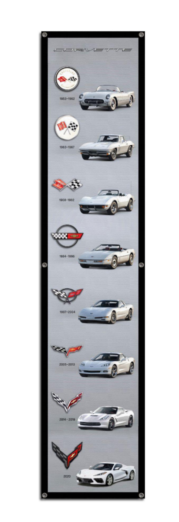 All Generations Corvette Vinyl Banner featuring C1 through C8 Corvettes – garage wall decor