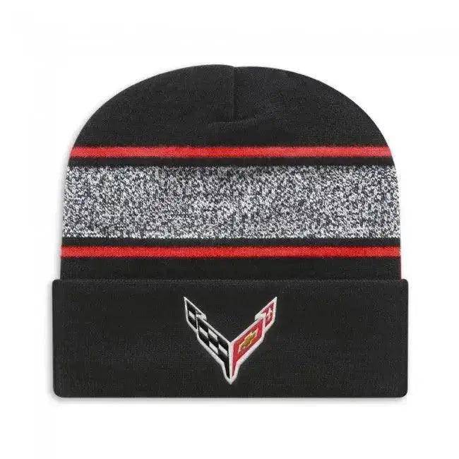 C8 Corvette Knit Hat Striped Cuffed Beanie Black/Red - Team Lingenfelter