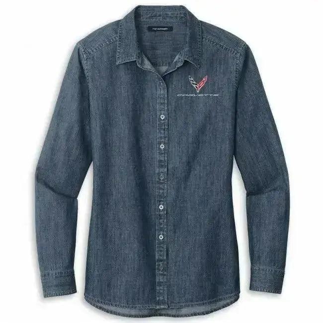 C8 Corvette Ladies Shirt, Denim Button-Down Navy - Team Lingenfelter